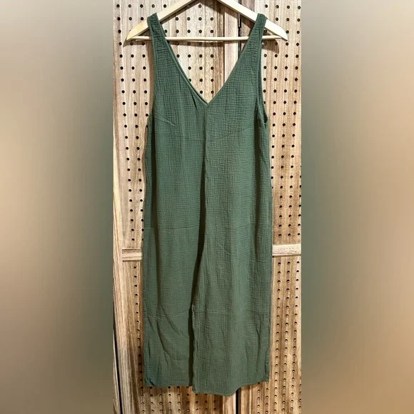 Army Green Wide-Leg Gauze Cotton Pajama Jumpsuit Overalls Romper Loungewear - Picture 3 of 3